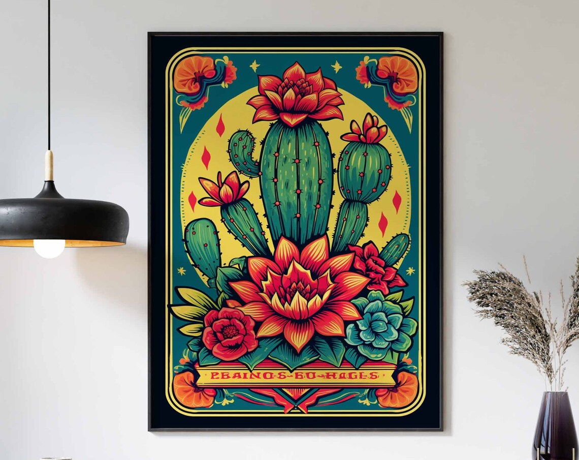 Vibrant Blooming Cactus Teal Border Yellow Sun Mexican Wall Art