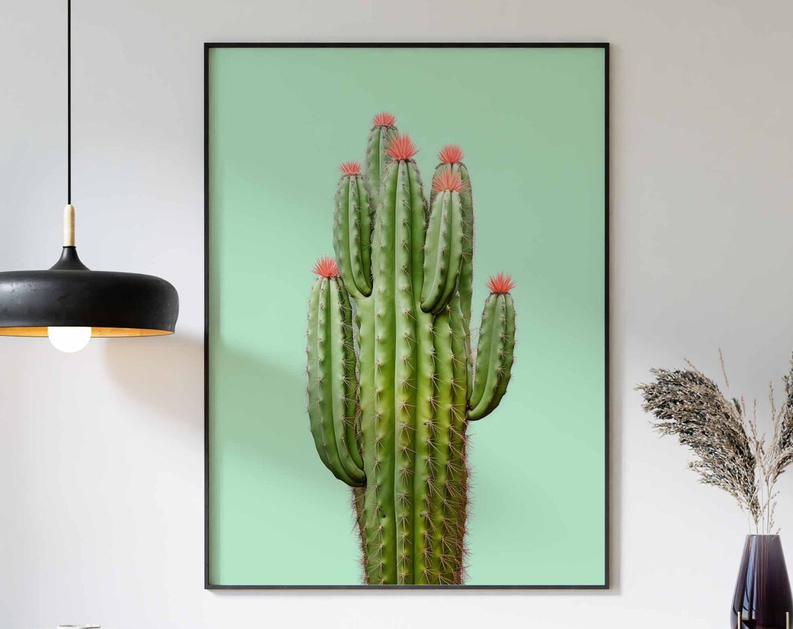 Columnar Cactus with Red Flower Tufts on a Mint Green Backdrop Poster