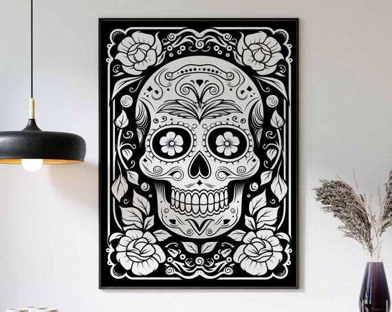 Black and White Sugar Skull Ornate Frame Roses Linocut Poster