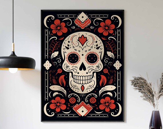 White Sugar Skull Black Background Red Flowers Folk Wall Art