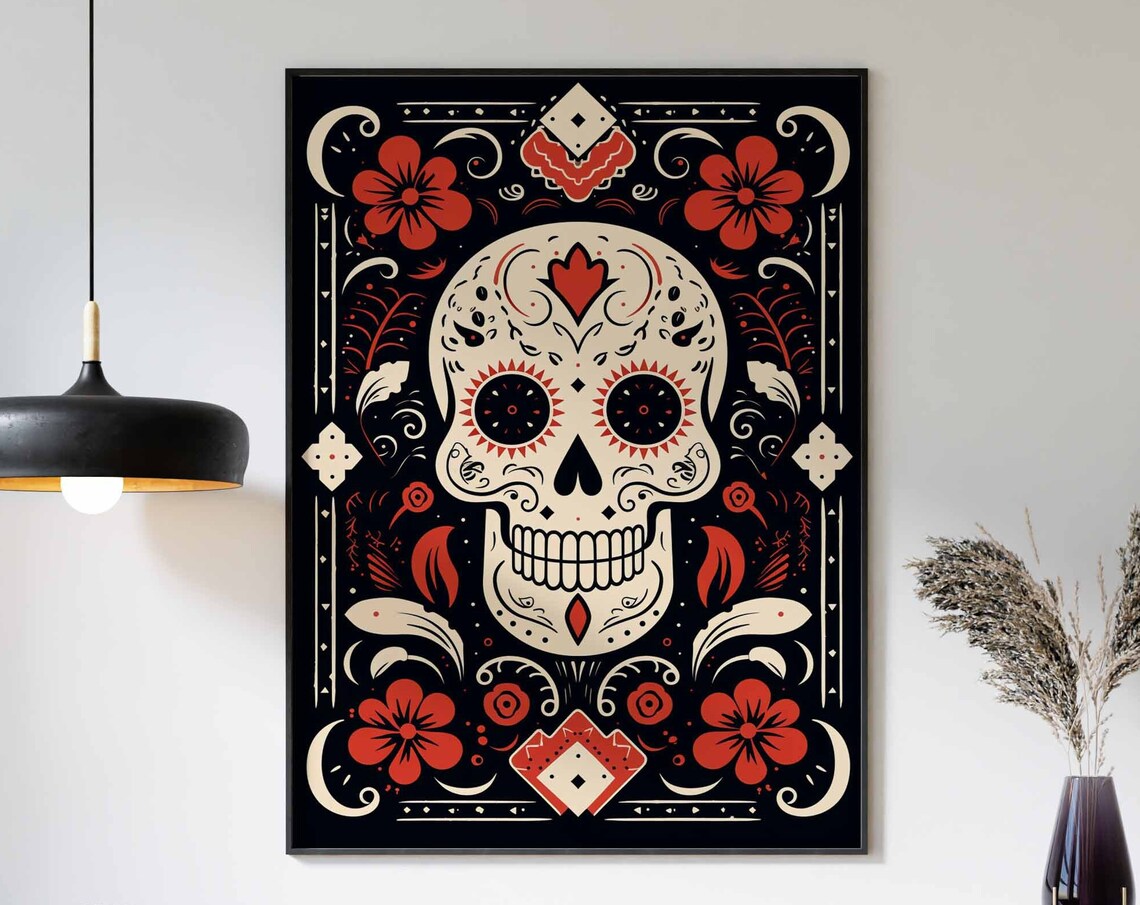 White Sugar Skull Black Background Red Flowers Folk Wall Art