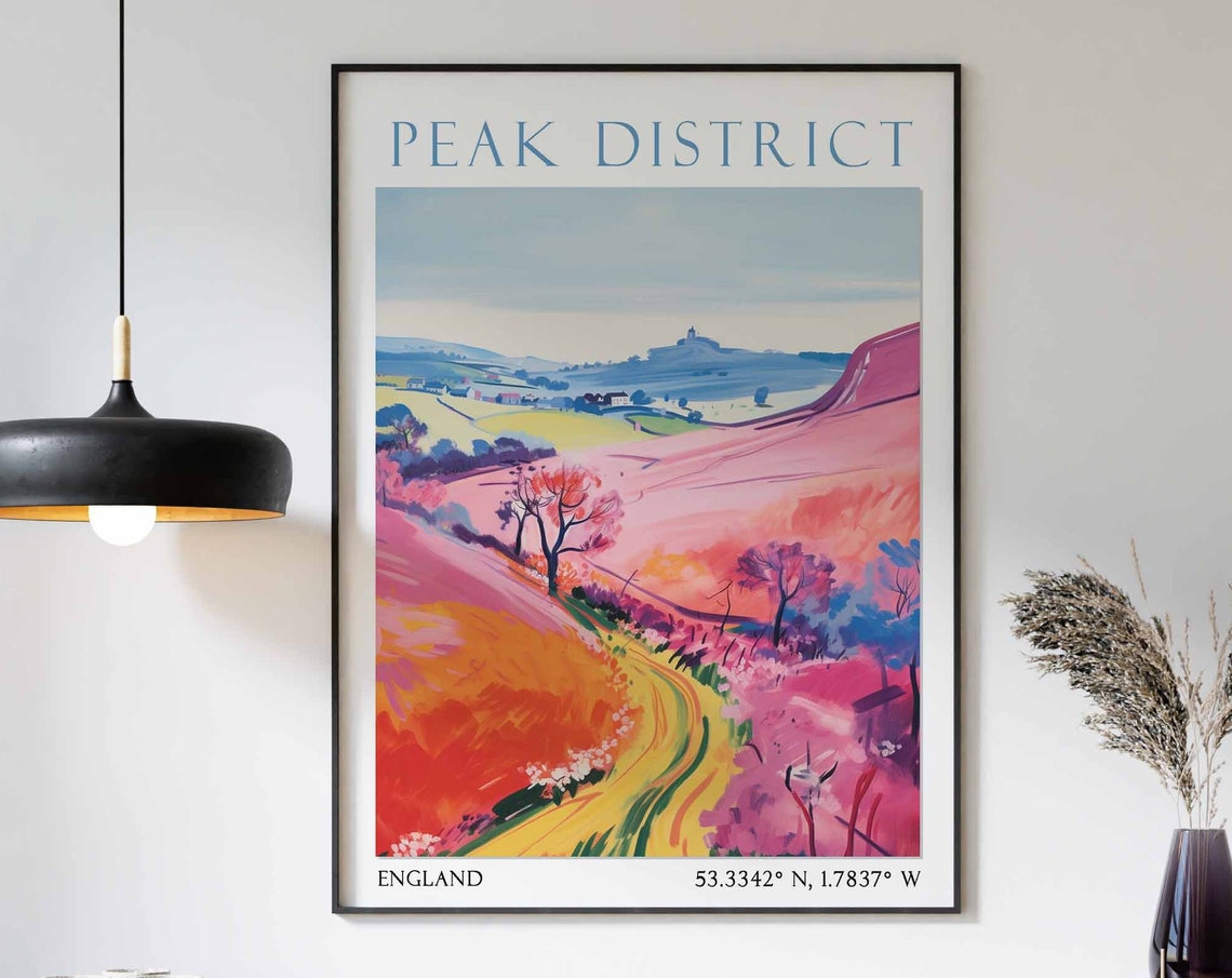 Peak District England Bold Pink Hills Winding Road Sunset Poster