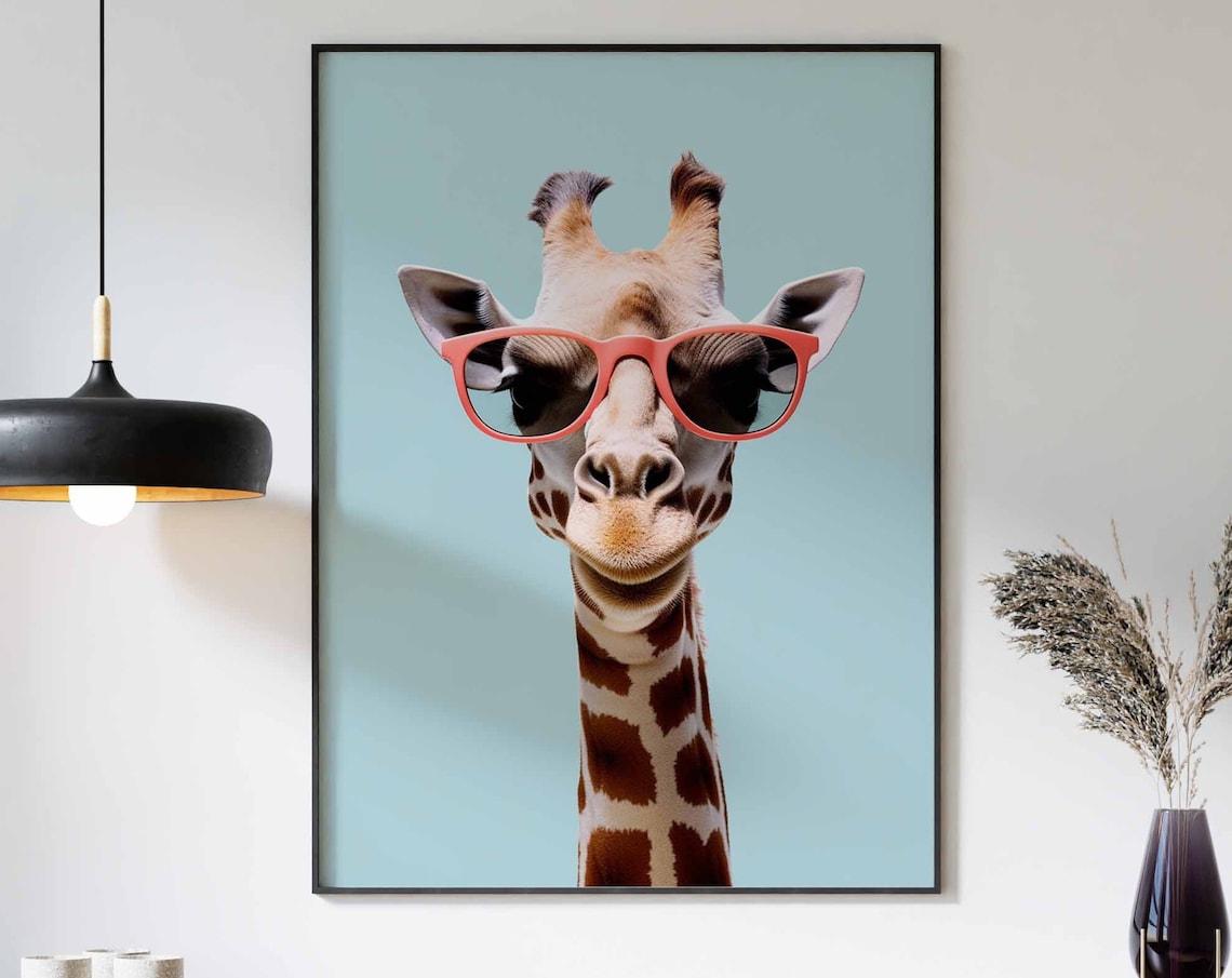 Giraffe Wearing Coral Sunglasses on a Teal Background Poster