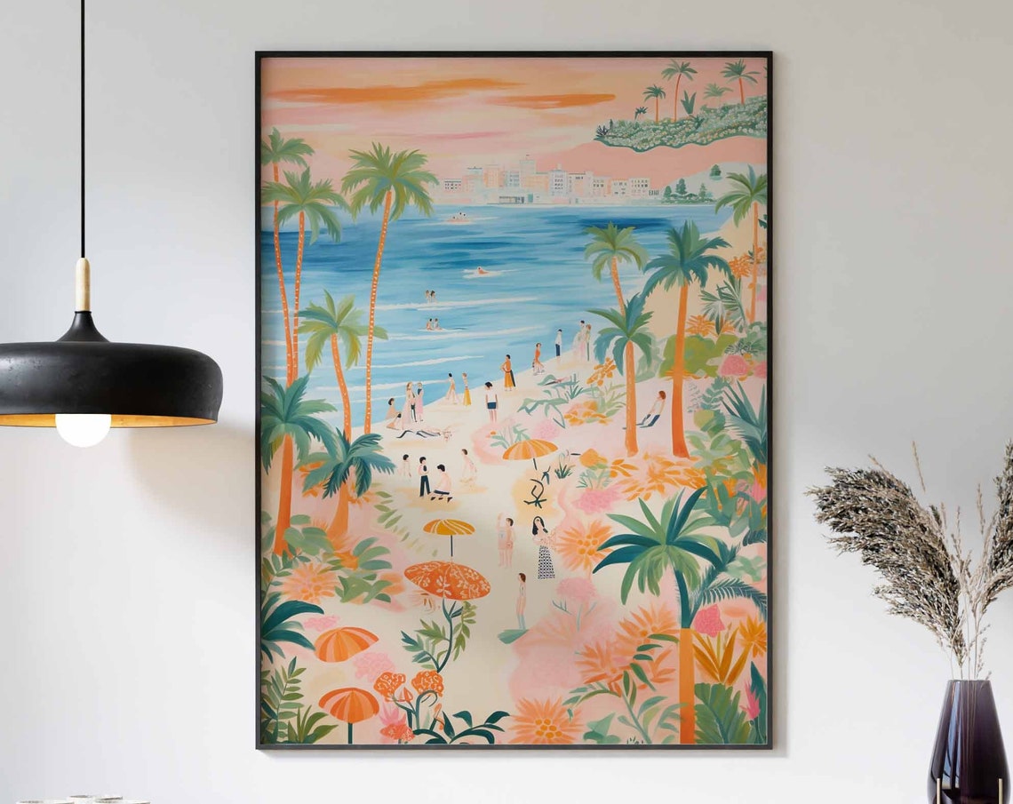 Sunset Palm Beach Parasols Distant City Skyline Evening Poster