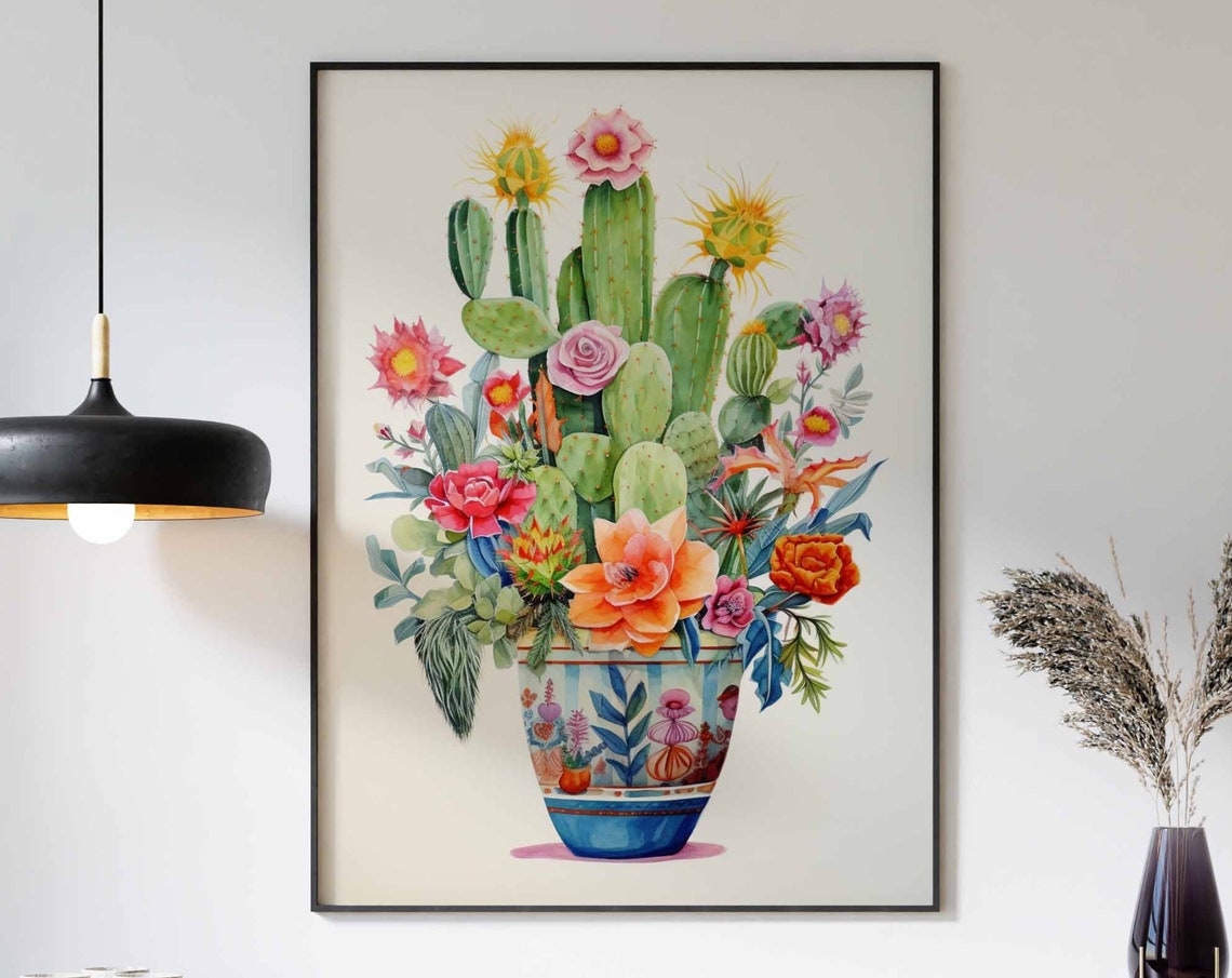 Cactus Bouquet in a Blue Patterned Ceramic Vase Watercolor Poster