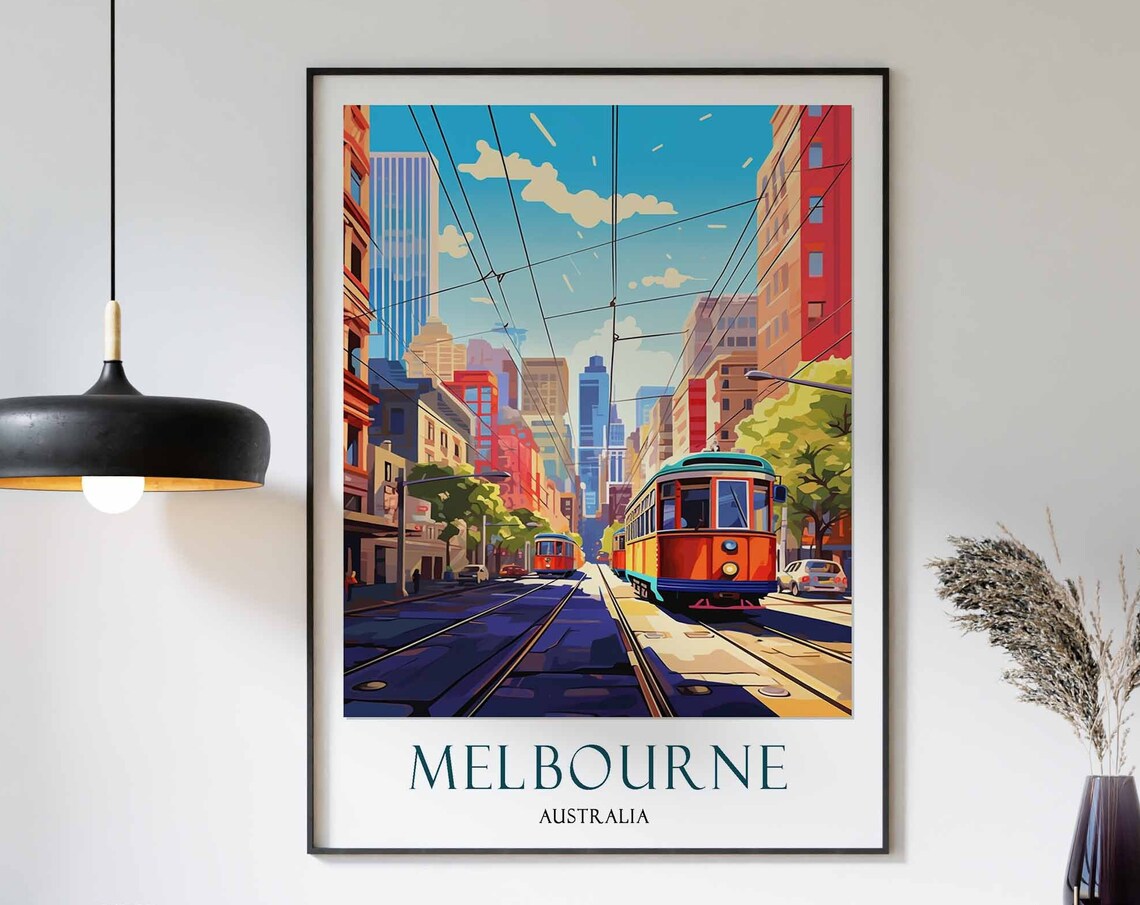 Melbourne Australia Orange Tram Bright Downtown Street Poster
