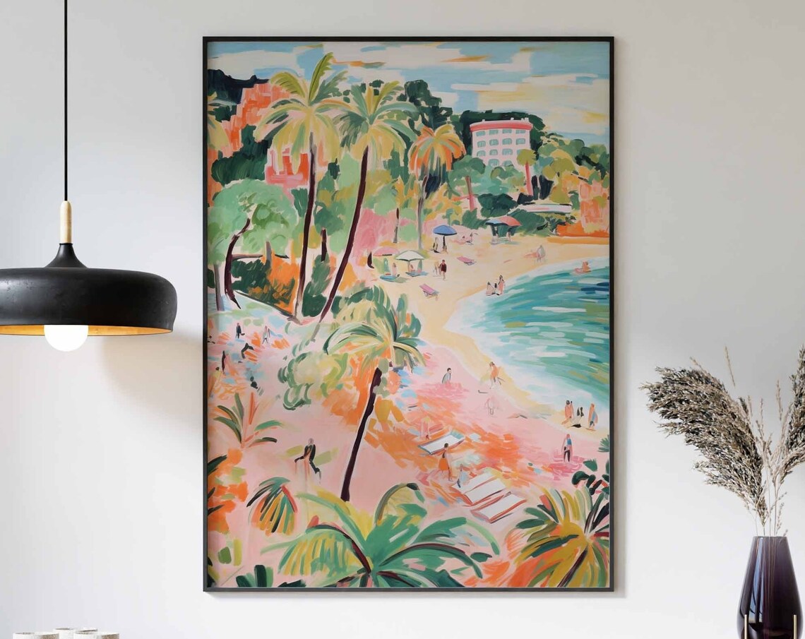 Impressionist Pink Sand Beach Colorful Hillside Village Poster