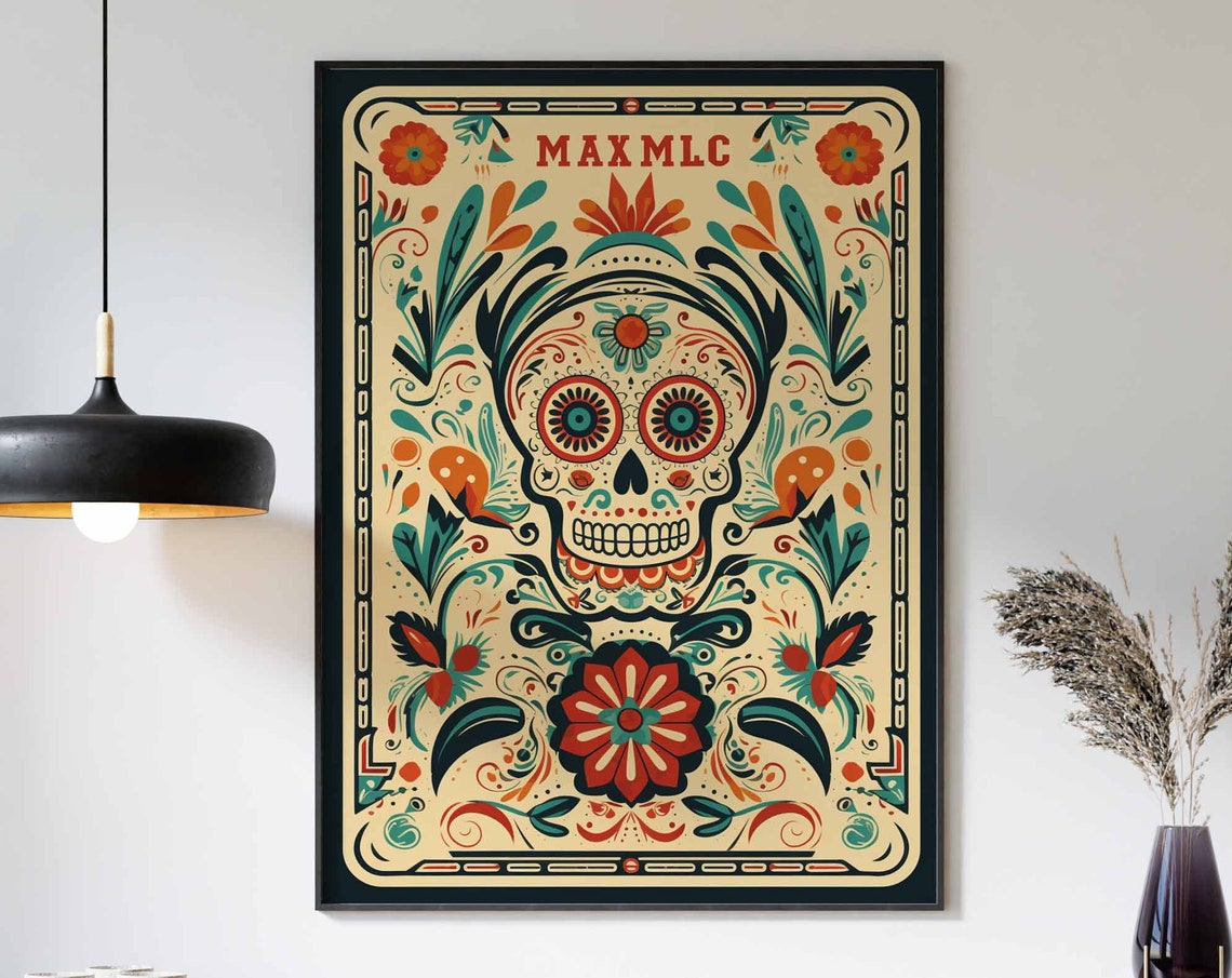 MAX MLC Folk Floral Loteria Sugar Skull Teal Orange Cream Card Poster