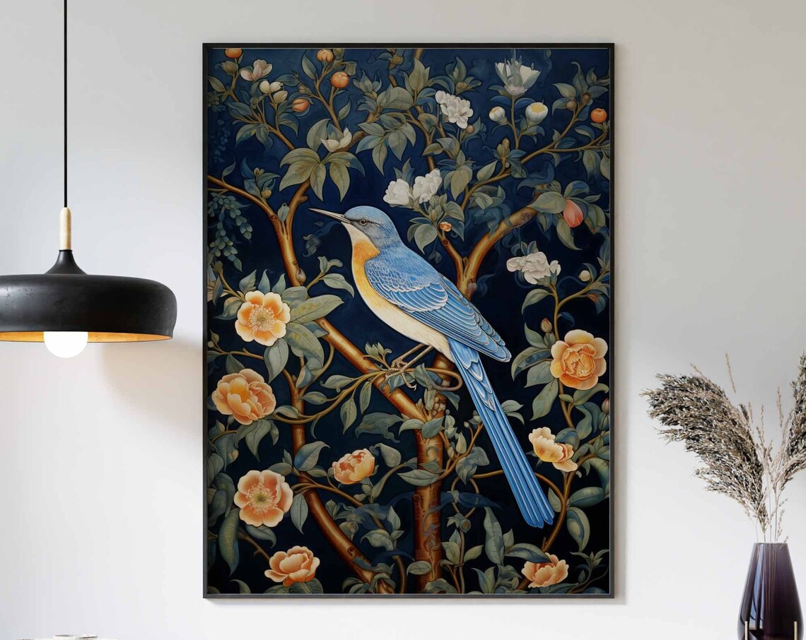 Bluebird Perched On A Blossoming Branch In A Night Garden Poster