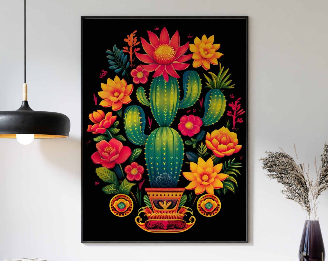 Colorful Blooming Cactus Neon Flowers Black Background Mexican Print