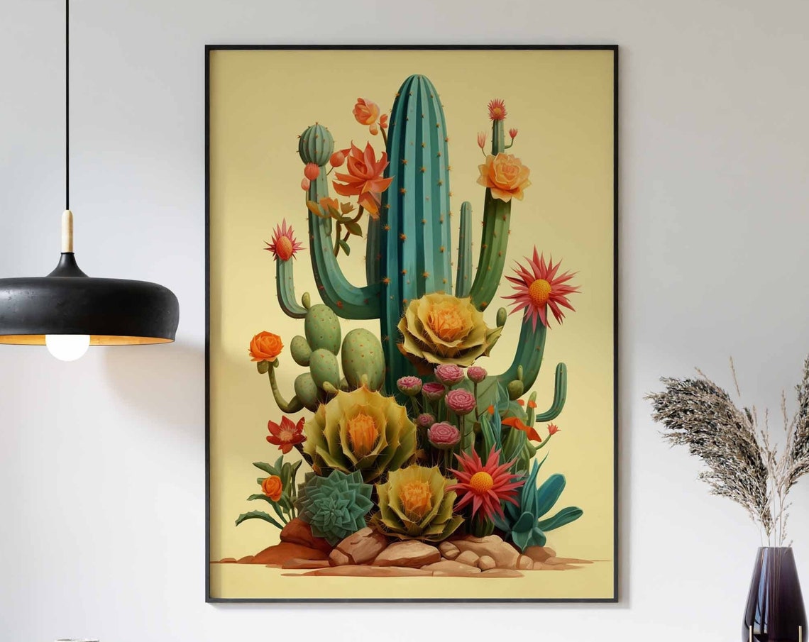 Flowering Saguaro Cactus with Succulents on a Bright Yellow Poster