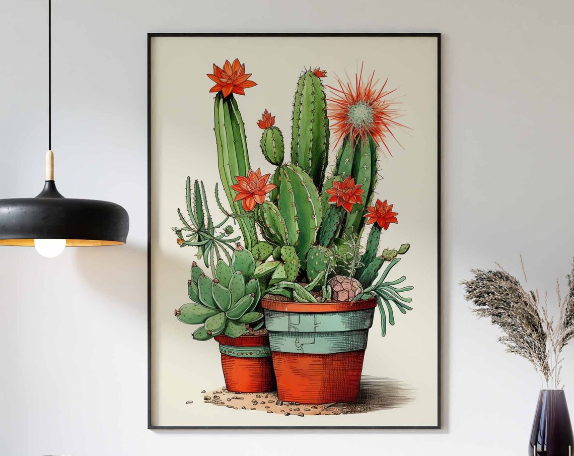 Red and Green Cacti in Two Terracotta Pots with Scarlet Blooms Poster