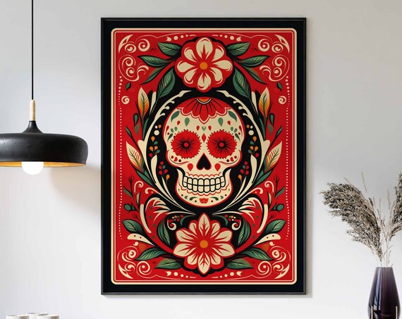 Day of the Dead Skull Bold Red Background Floral Folk Art Poster