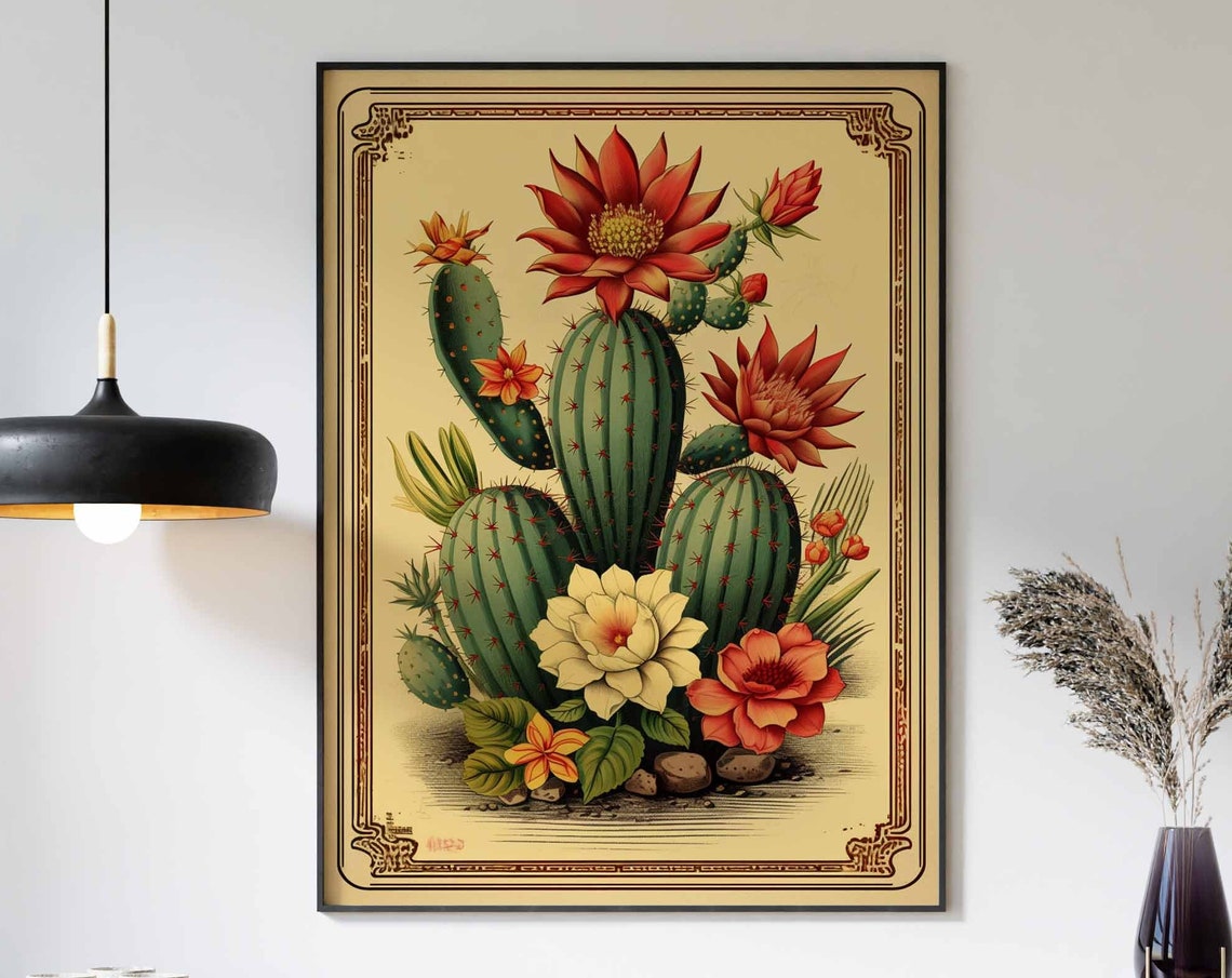 Vintage Cactus Botanical Engraving Red Blossoms Cream Background Print