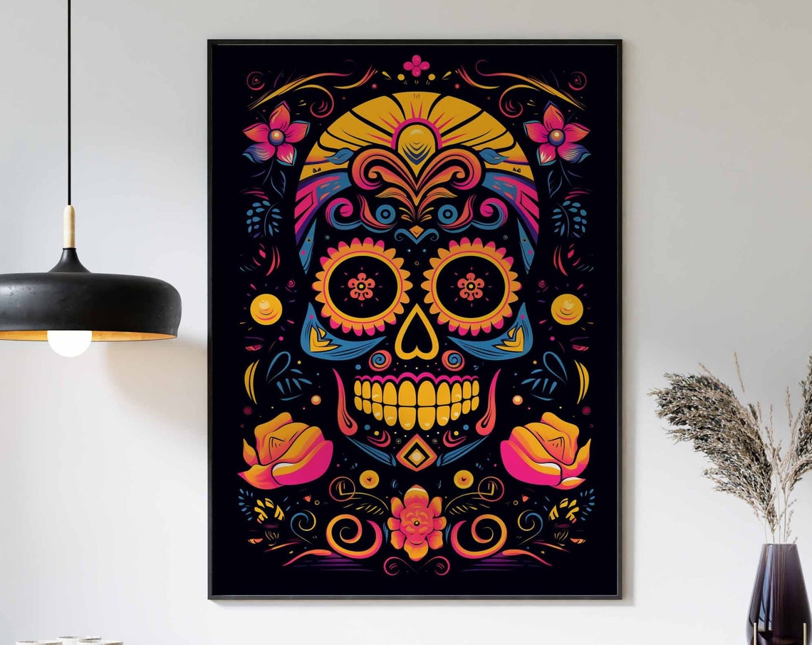 Orange Sugar Skull Sunrise Forehead Poster with Roses on Black