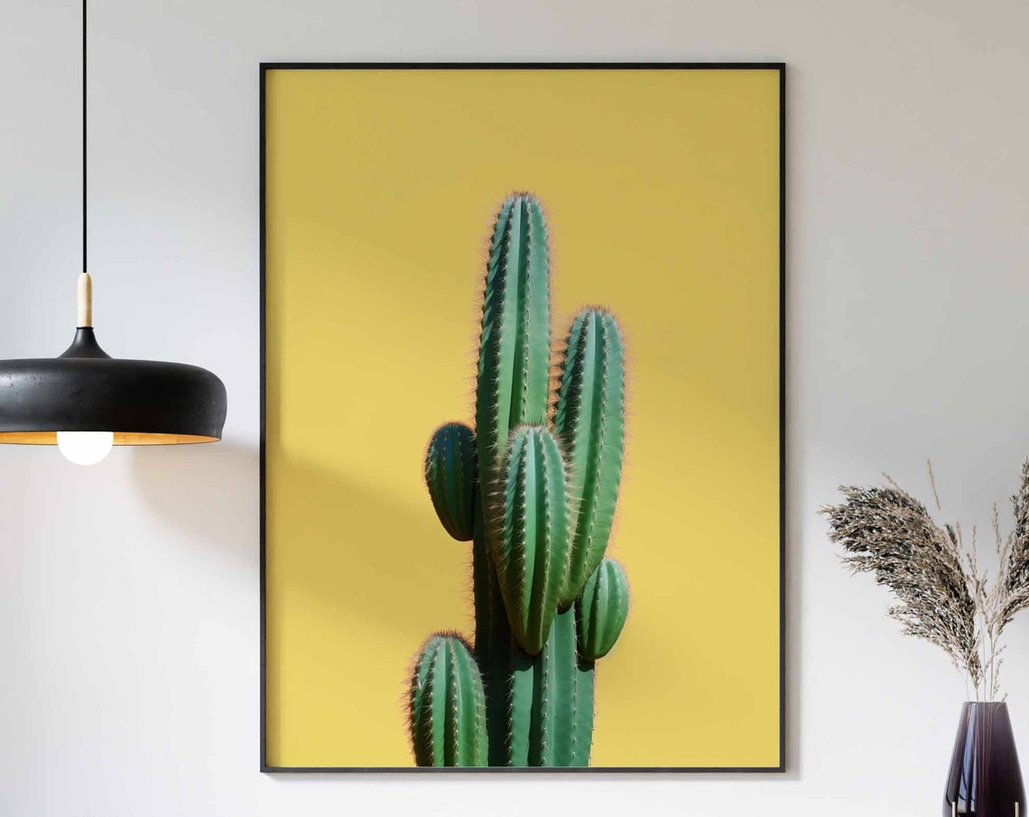 Minimalist Single Columnar Cactus on a Solid Yellow Background Poster