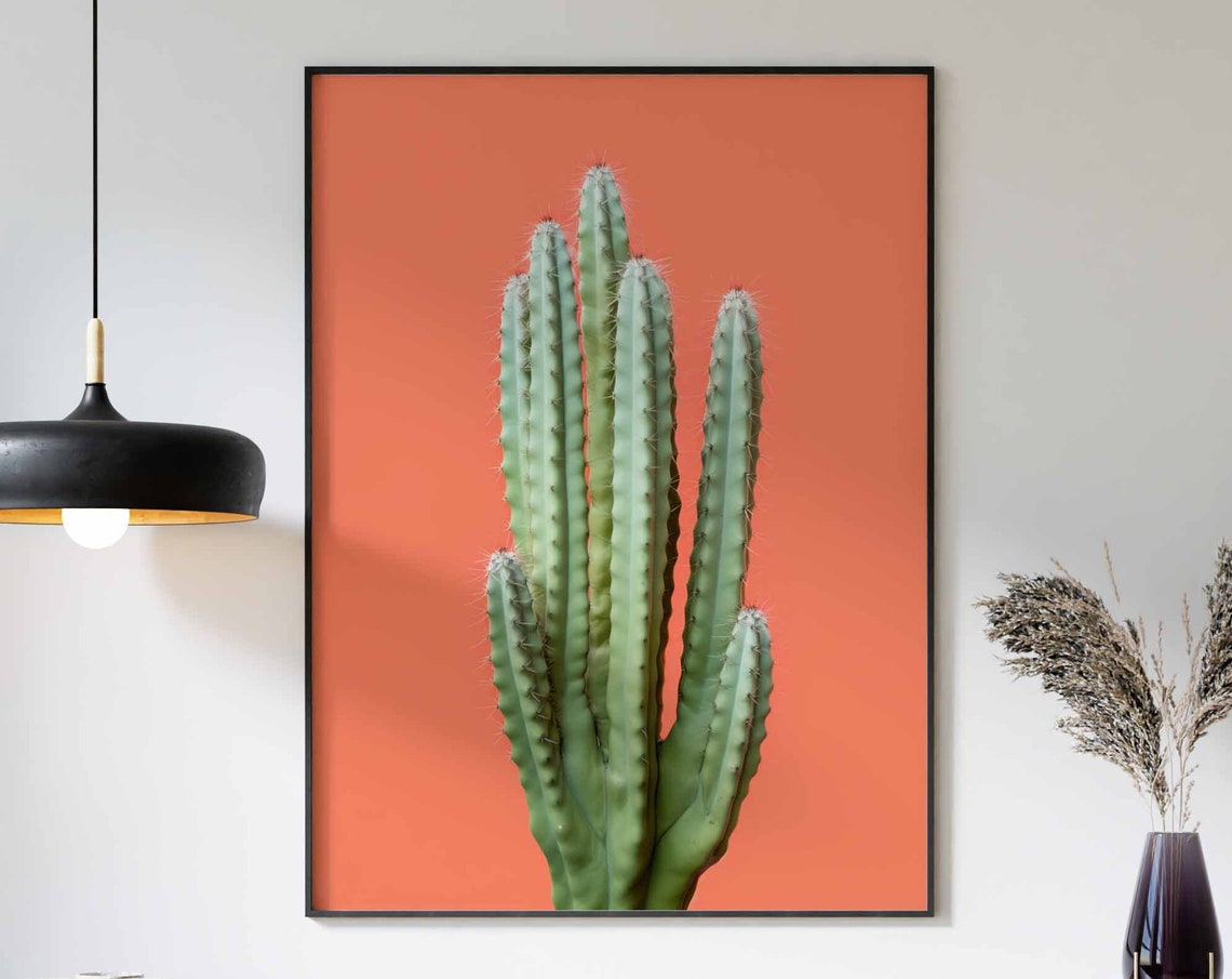 Tall Columnar Cactus Against a Bold Coral Orange Background Poster