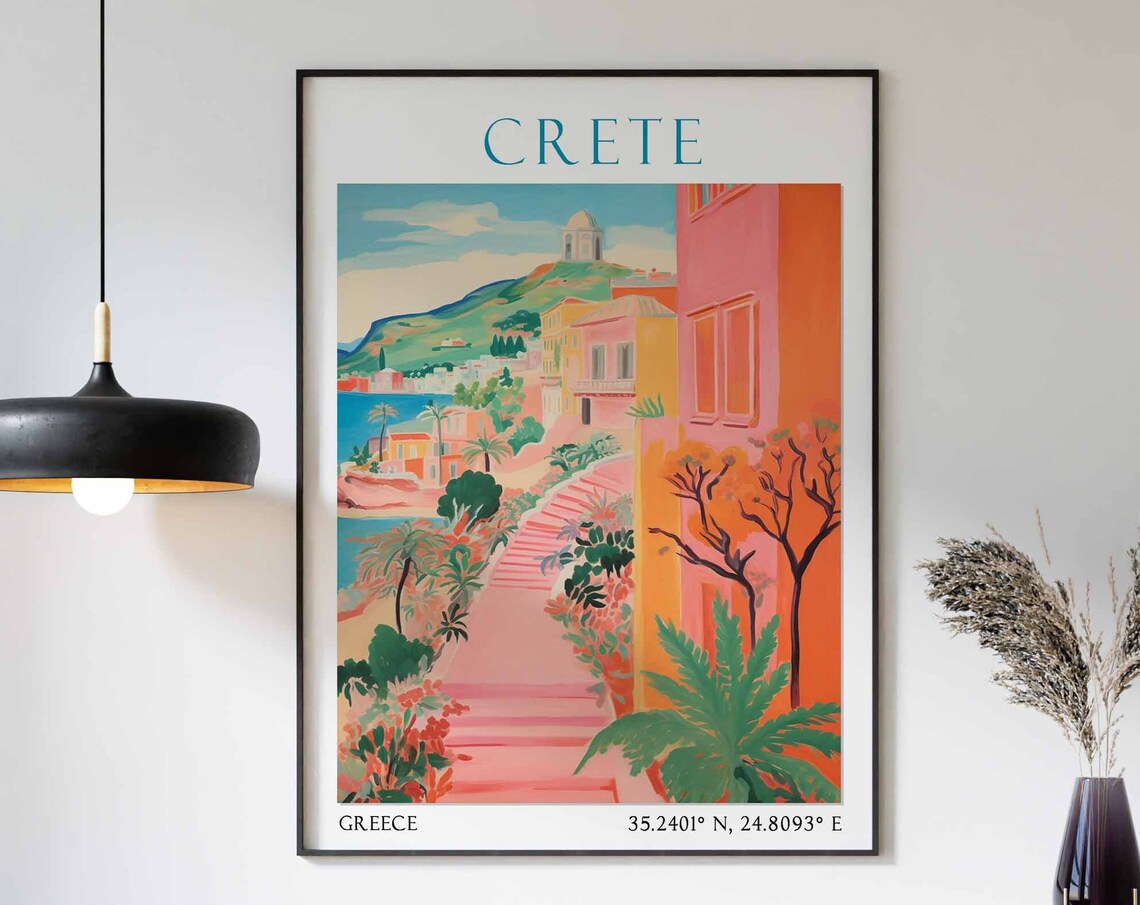 Crete Flower Garden Stairway to Hilltop Church Greece Poster Art