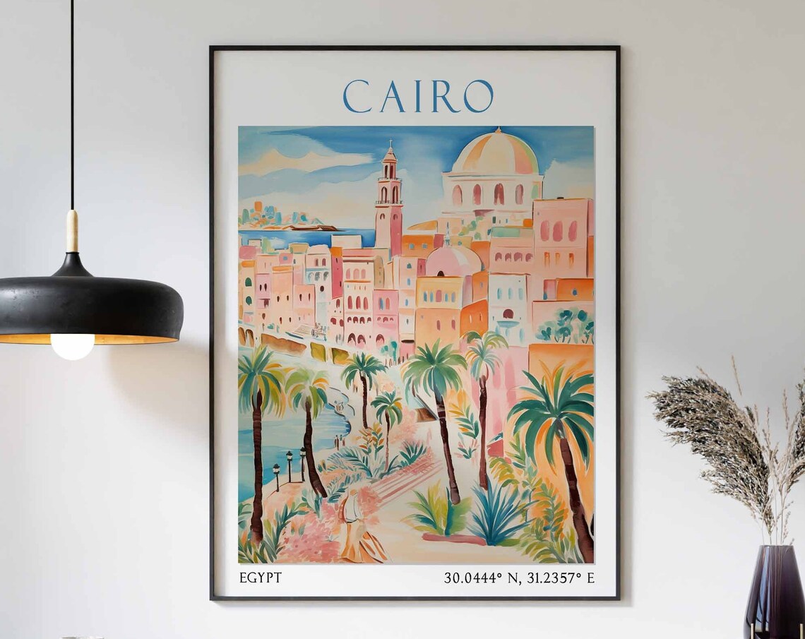 Cairo Cityscape with Domes and Palm Trees Egypt Travel Poster