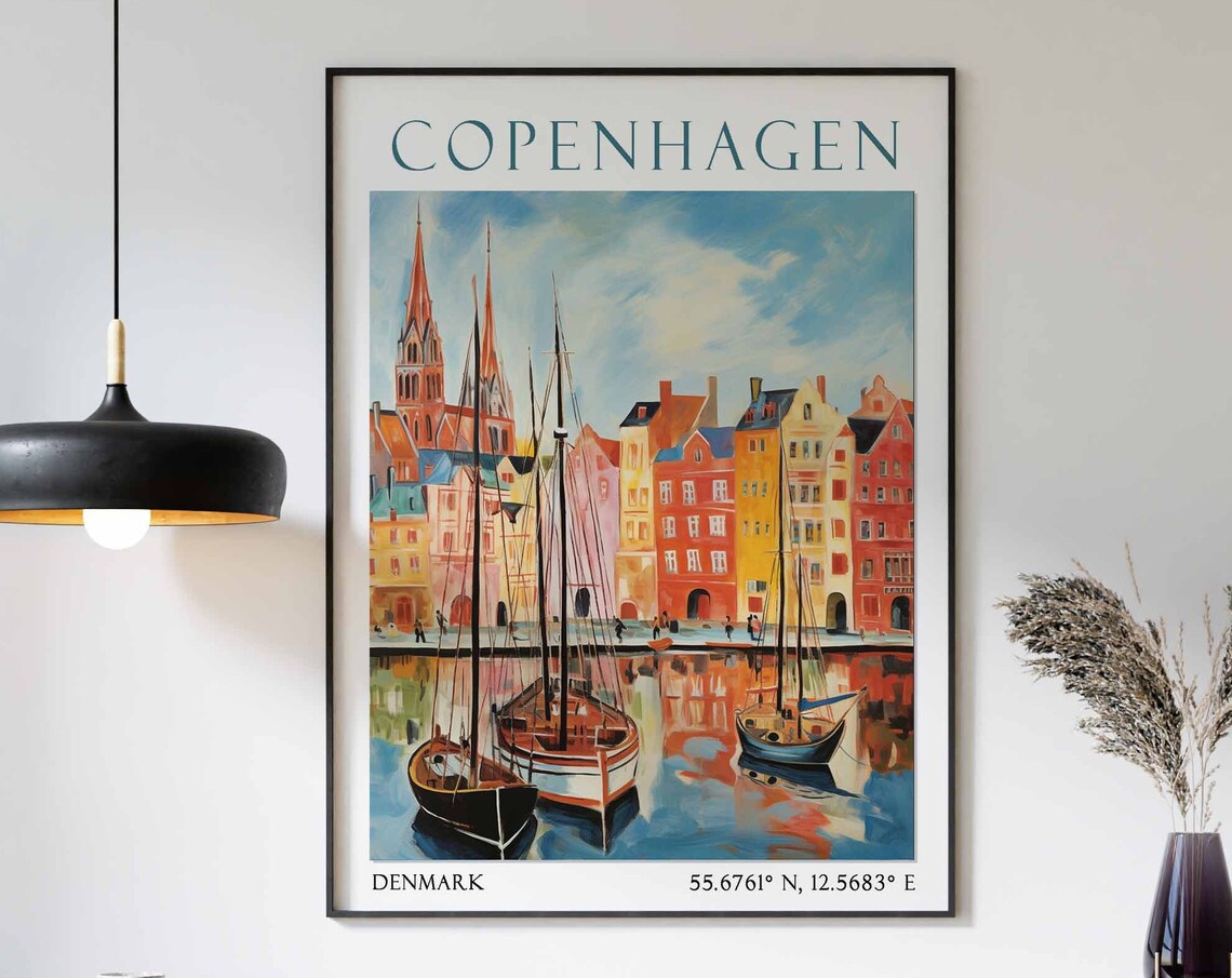 Copenhagen Harbor with Sailboats and Church Towers Travel Poster