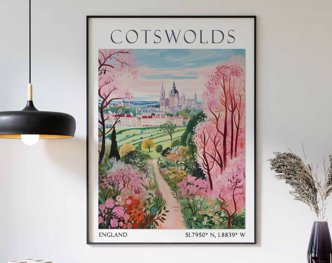 Cotswolds Garden Path with Pink Blossom Trees England Poster Art