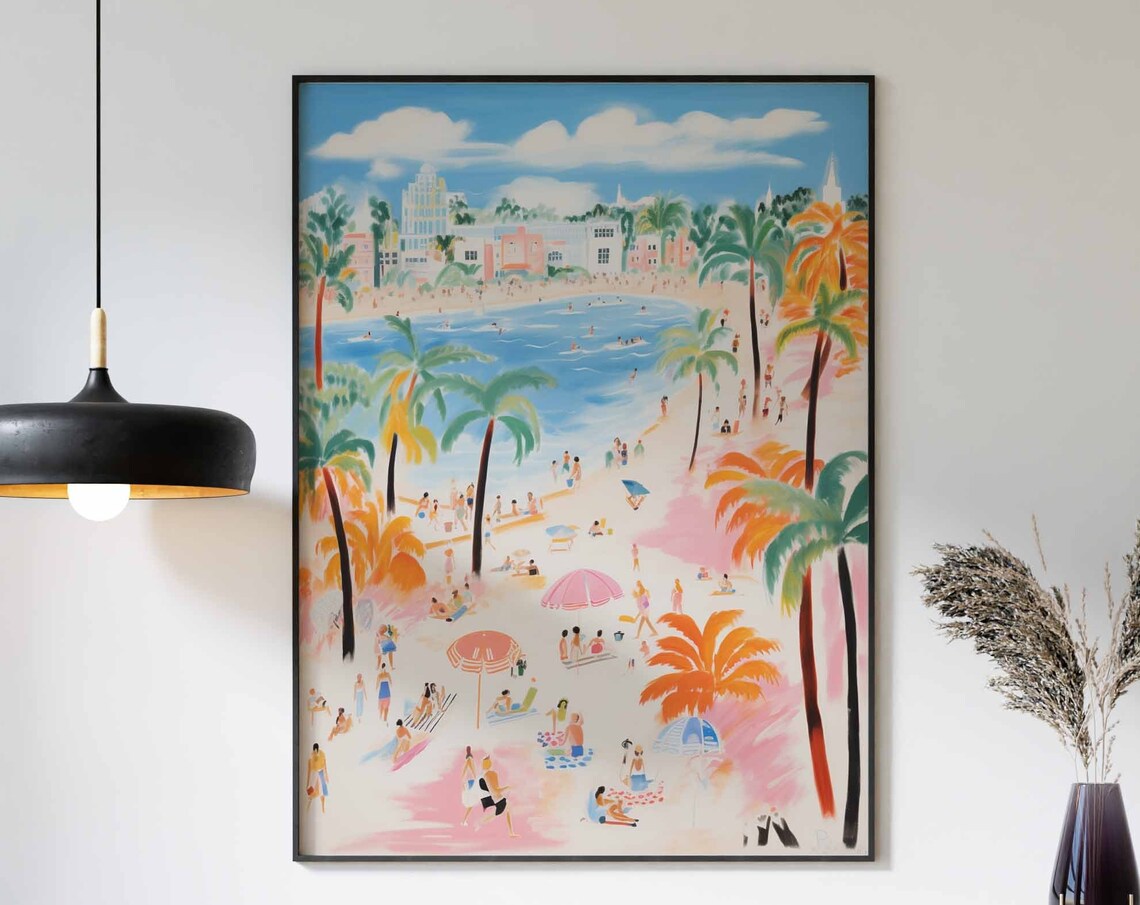 Curved City Beach with Pink Umbrellas and Tall Palm Trees Poster