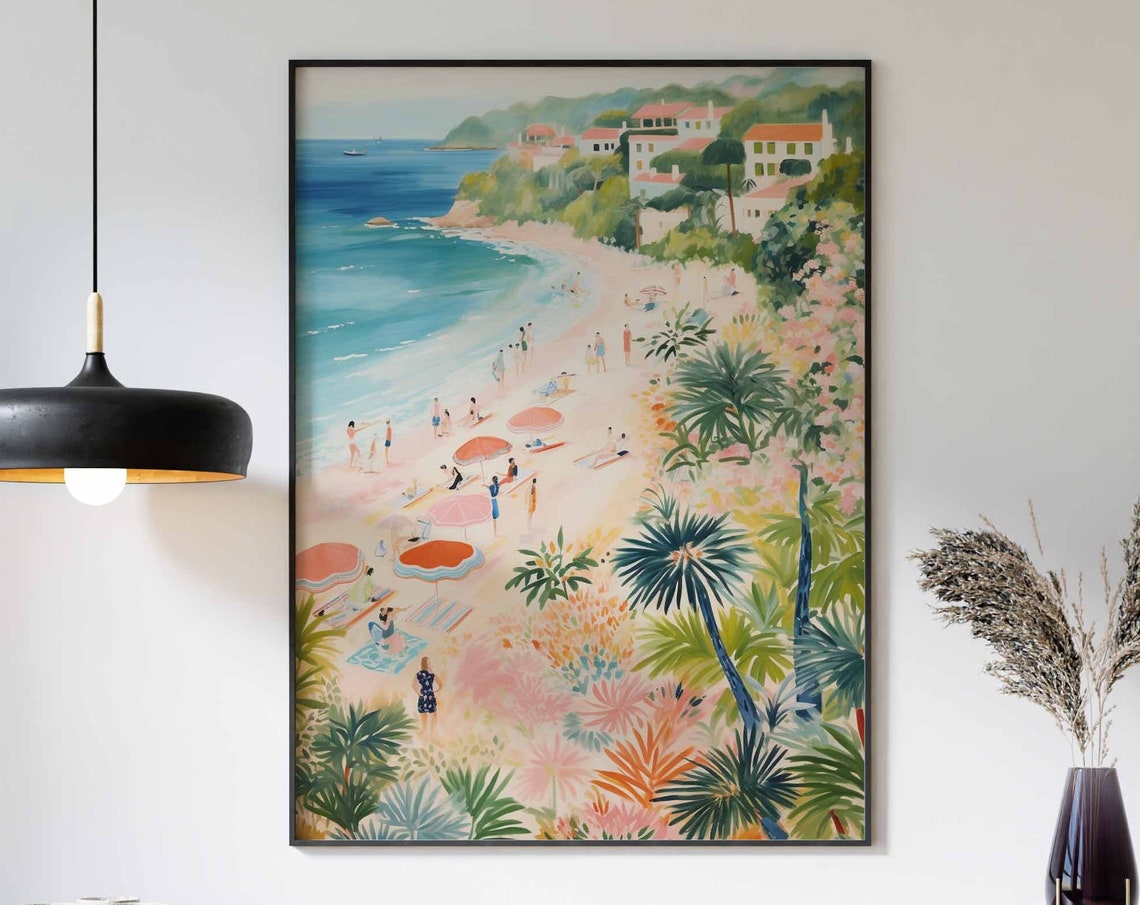 White Sand Cove Pastel Umbrellas Hillside Villa Beach Poster