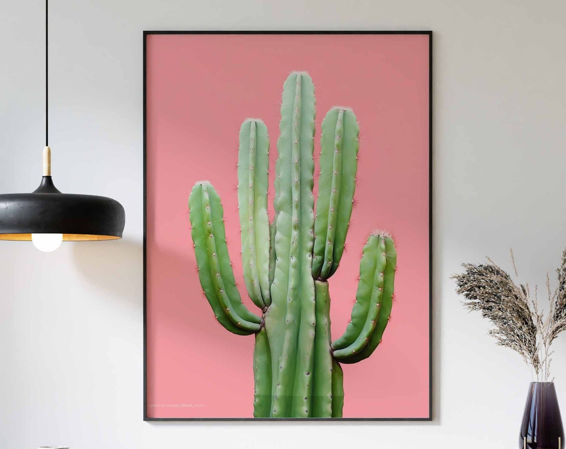 Green Cactus Cluster Set Against a Blush Pink Background Poster