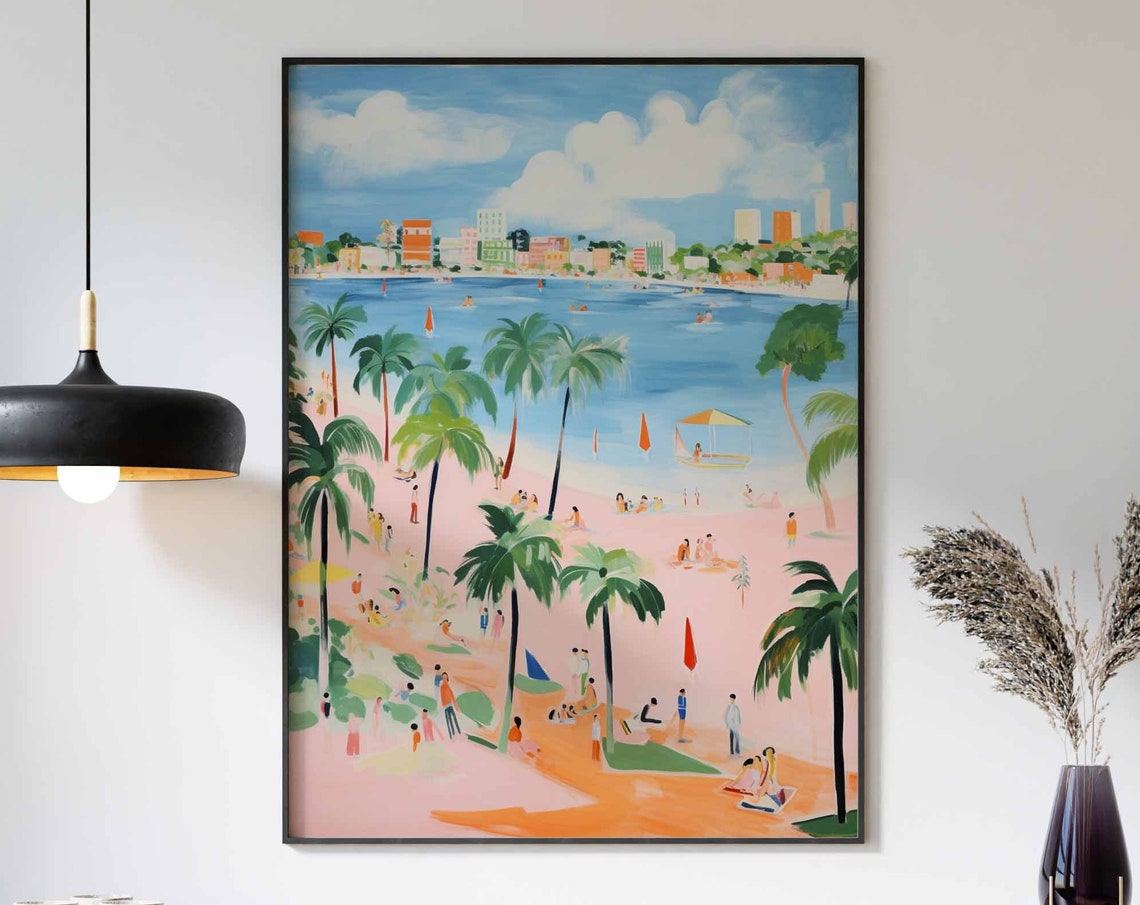 Tall Palm Lined City Beach with a Pink Sand Shoreline Poster