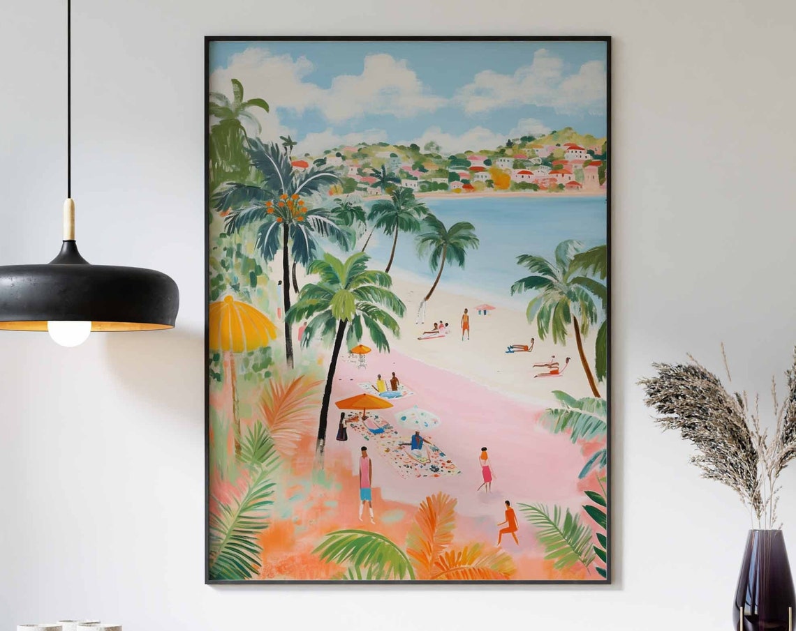 Pink Sand Beach Coconut Palm Sunbathers Retro Vacation Poster