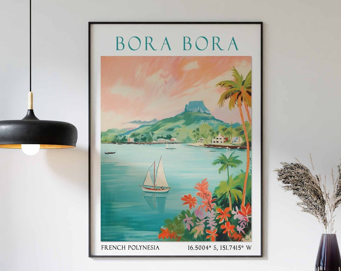 Turquoise Lagoon Sailboat and Tropical Flowers Bora Bora Poster