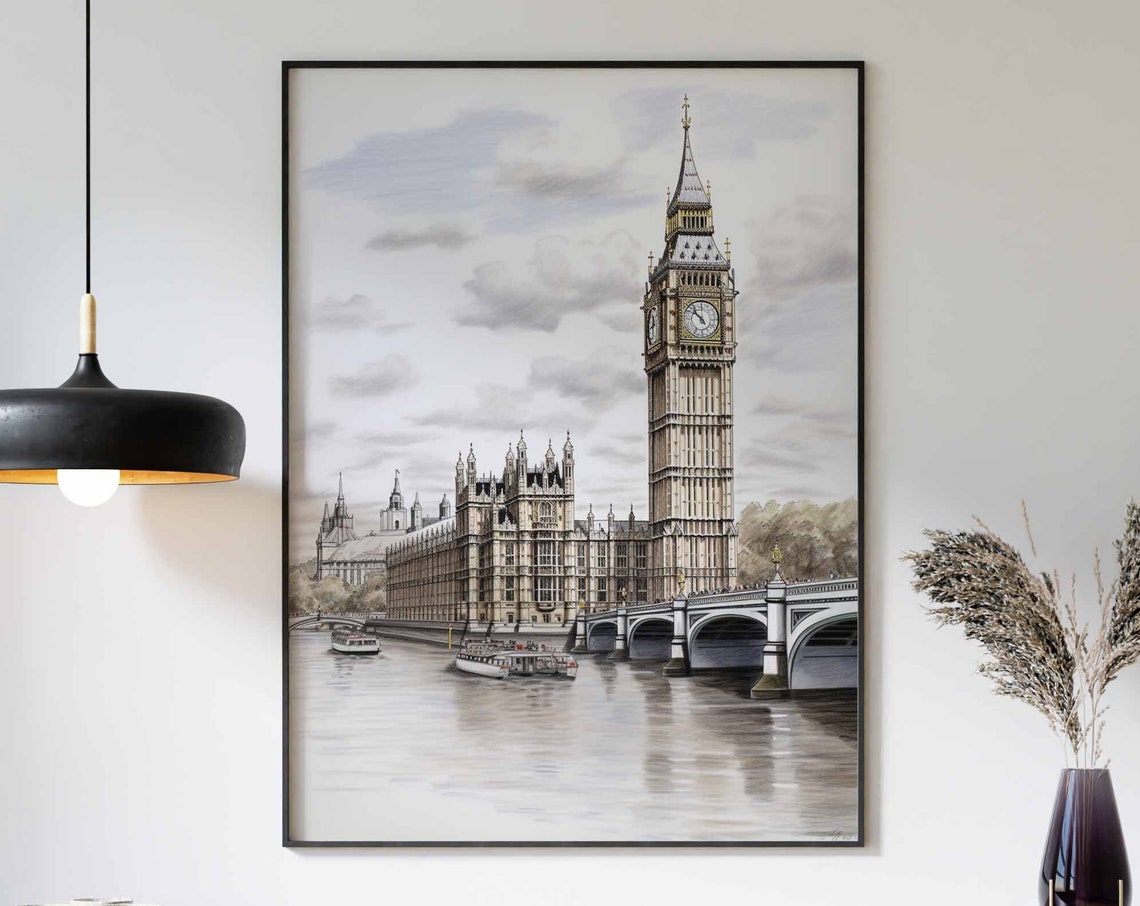 Big Ben Houses of Parliament Thames River Soft Watercolor Poster