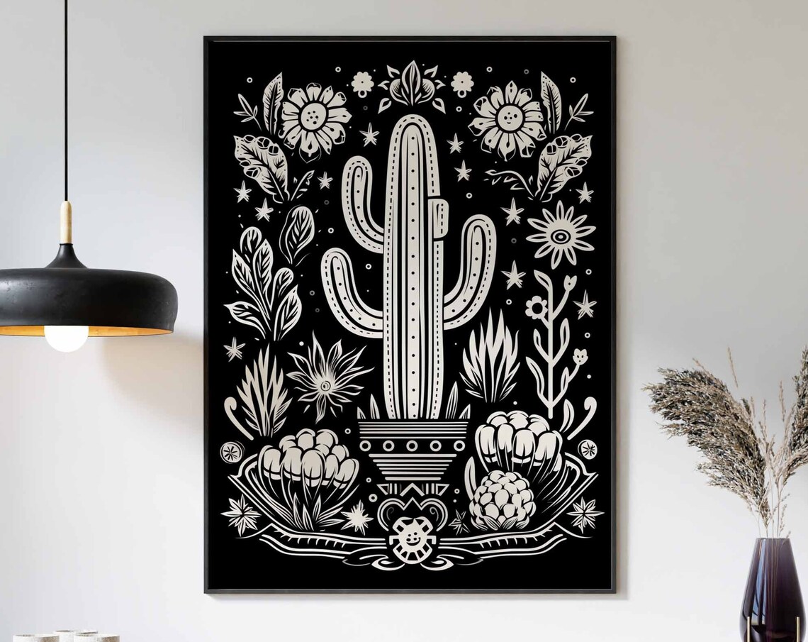 Black and White Saguaro Cactus Folk Linocut Desert Plant Wall Art