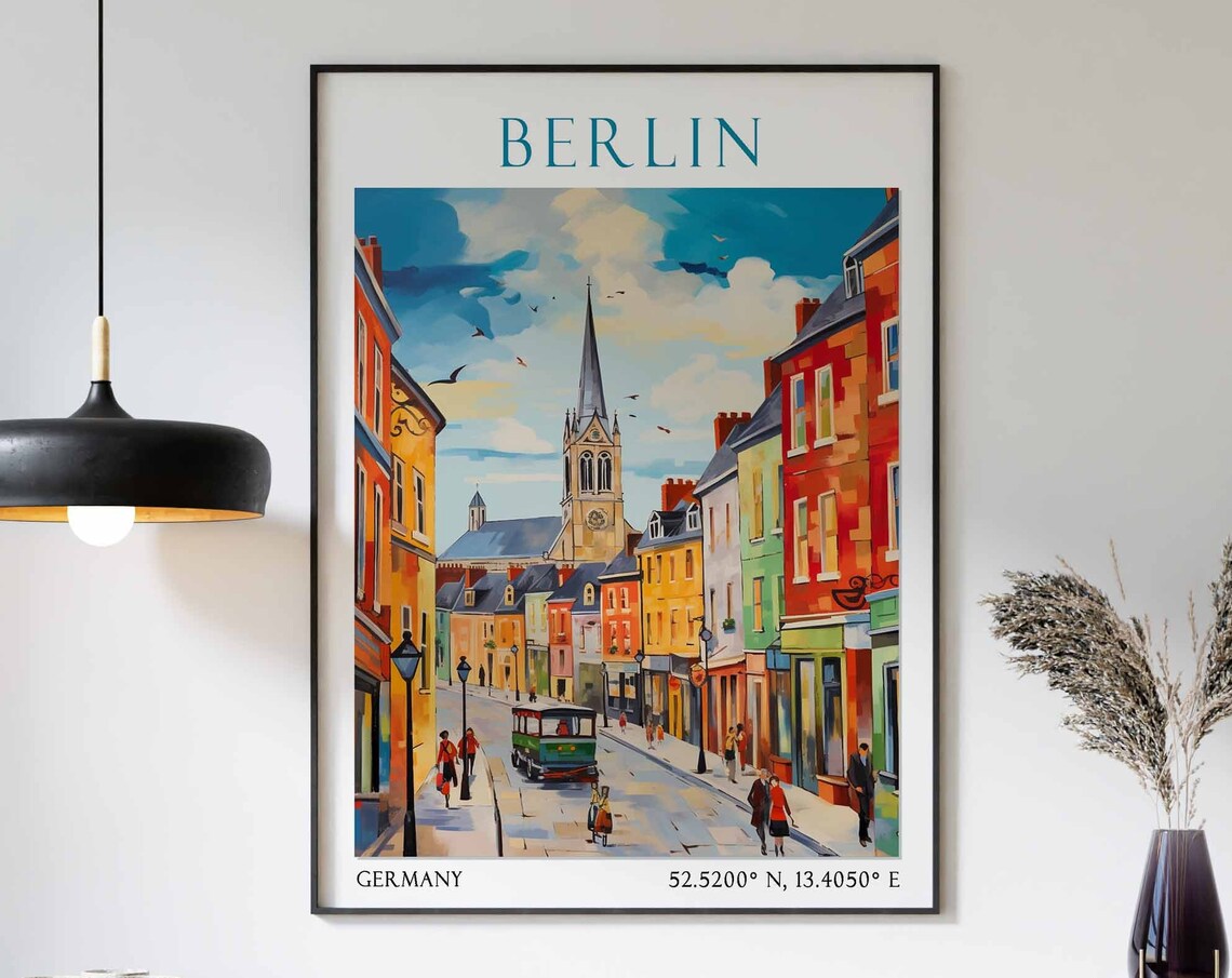 Berlin Street with Church Spire Tram and Colorful Buildings Poster