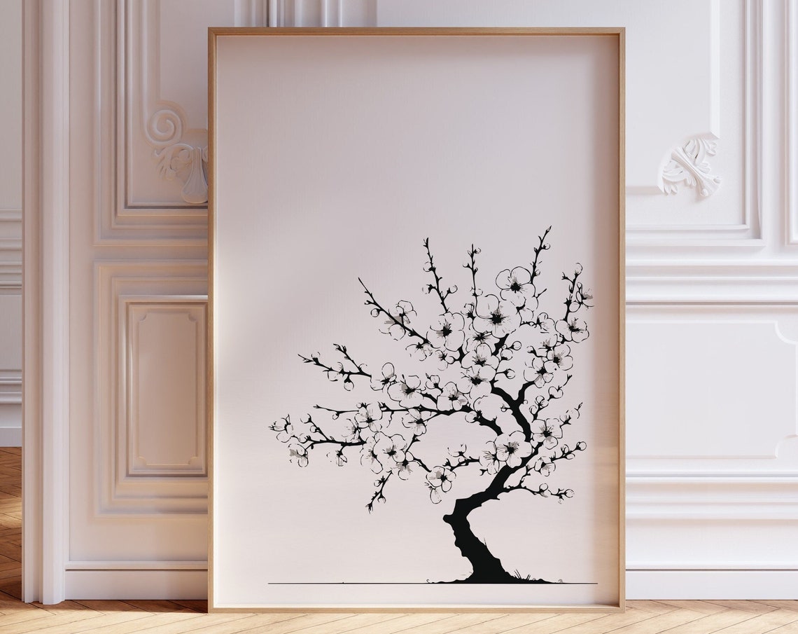 Blossoming Cherry Tree Black Ink Floral Minimalist Wall Poster