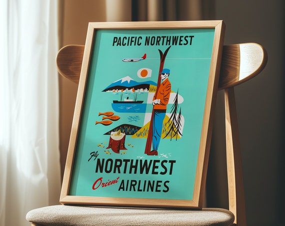 Retro Travel Poster Pacific Northwest Camping Art Vintage Print Home Decor Midcentury Modern