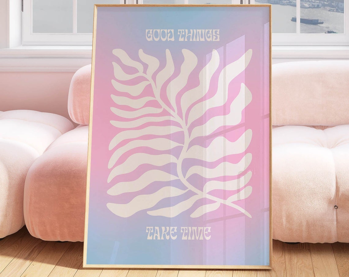 Good Things Take Time White Abstract Fern on a Pink Gradient Wall Art