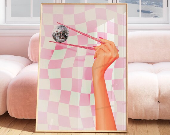 Disco Ball Chopsticks Pink Checkerboard Fun Y2K Party Art Poster
