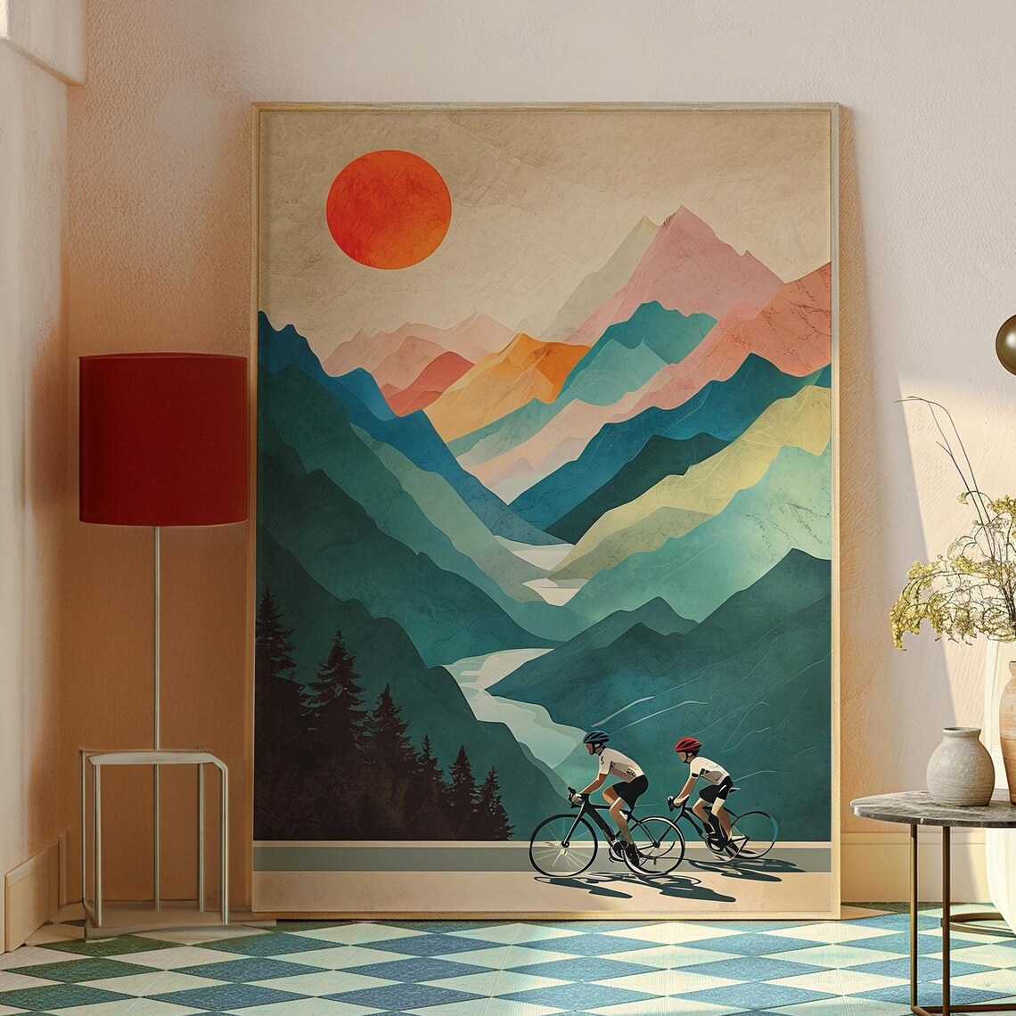 Cycling Couple Art Print, Minimalist Mountain Adventure