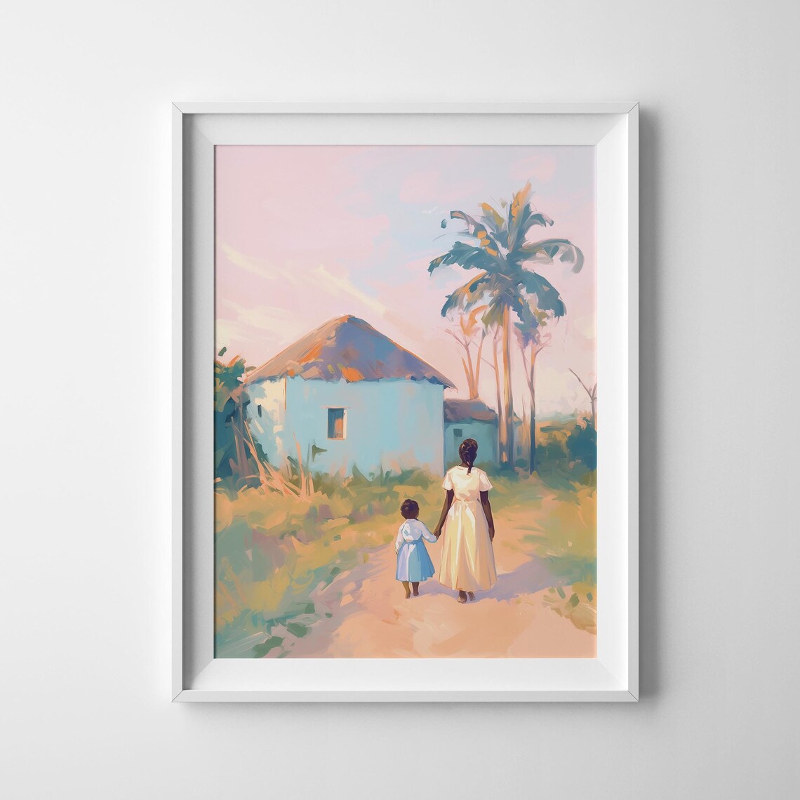 Mother Child Walking Path Thatched Hut Palm Trees Tropical Sunset Wall Art