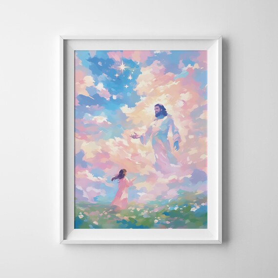 Jesus Christ Reaching Out Woman Flower Field Pastel Sky Christian Faith Poster