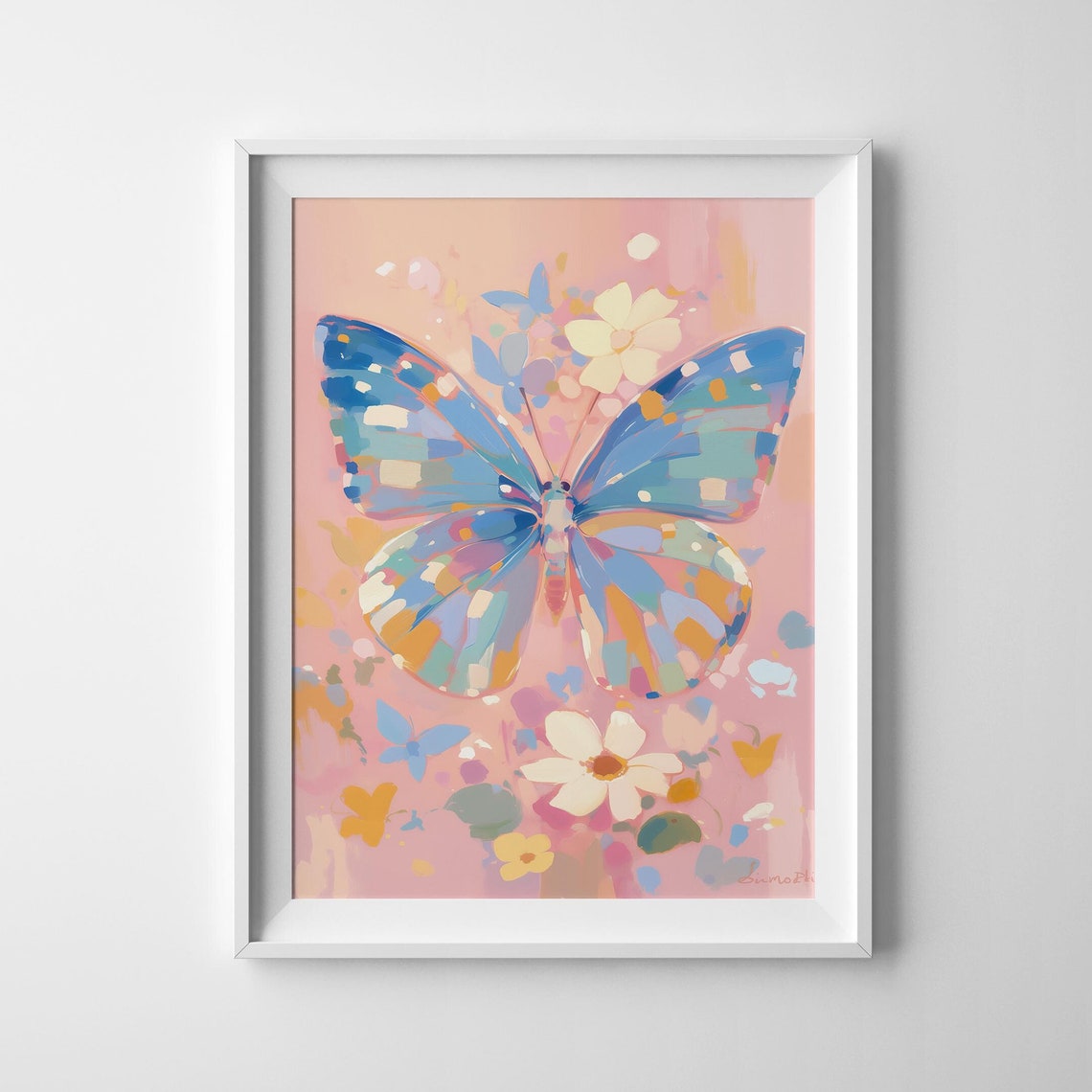 Blue Butterfly Colorful Wings Pink Floral Background Insect Art Poster