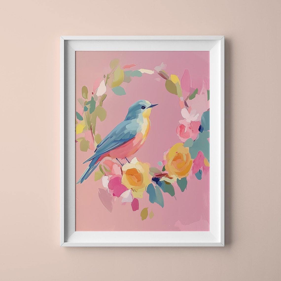 Blue Bird On Floral Wreath Yellow Roses Pastel Spring Art Print