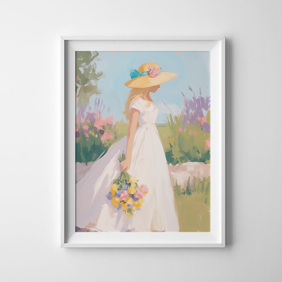 Girl In White Dress And Straw Hat Holding Wildflowers Meadow Print