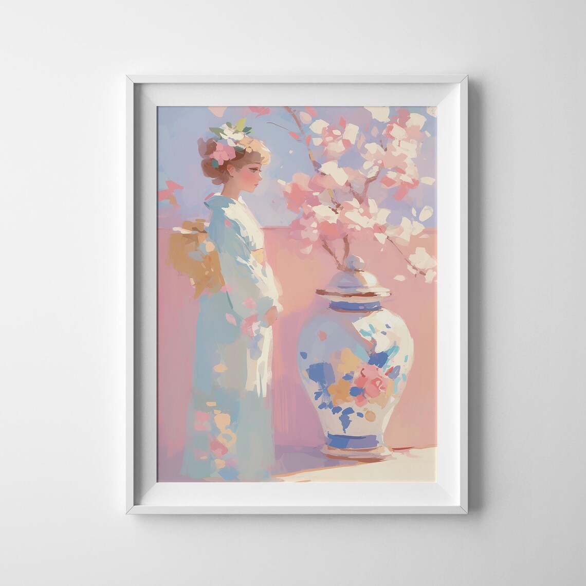 Kimono Woman Ginger Jar Cherry Blossoms Japanese Inspired Art Poster