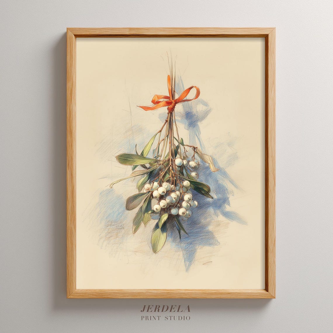 Mistletoe Sprig With Red Bow Colored Pencil Botanical Poster