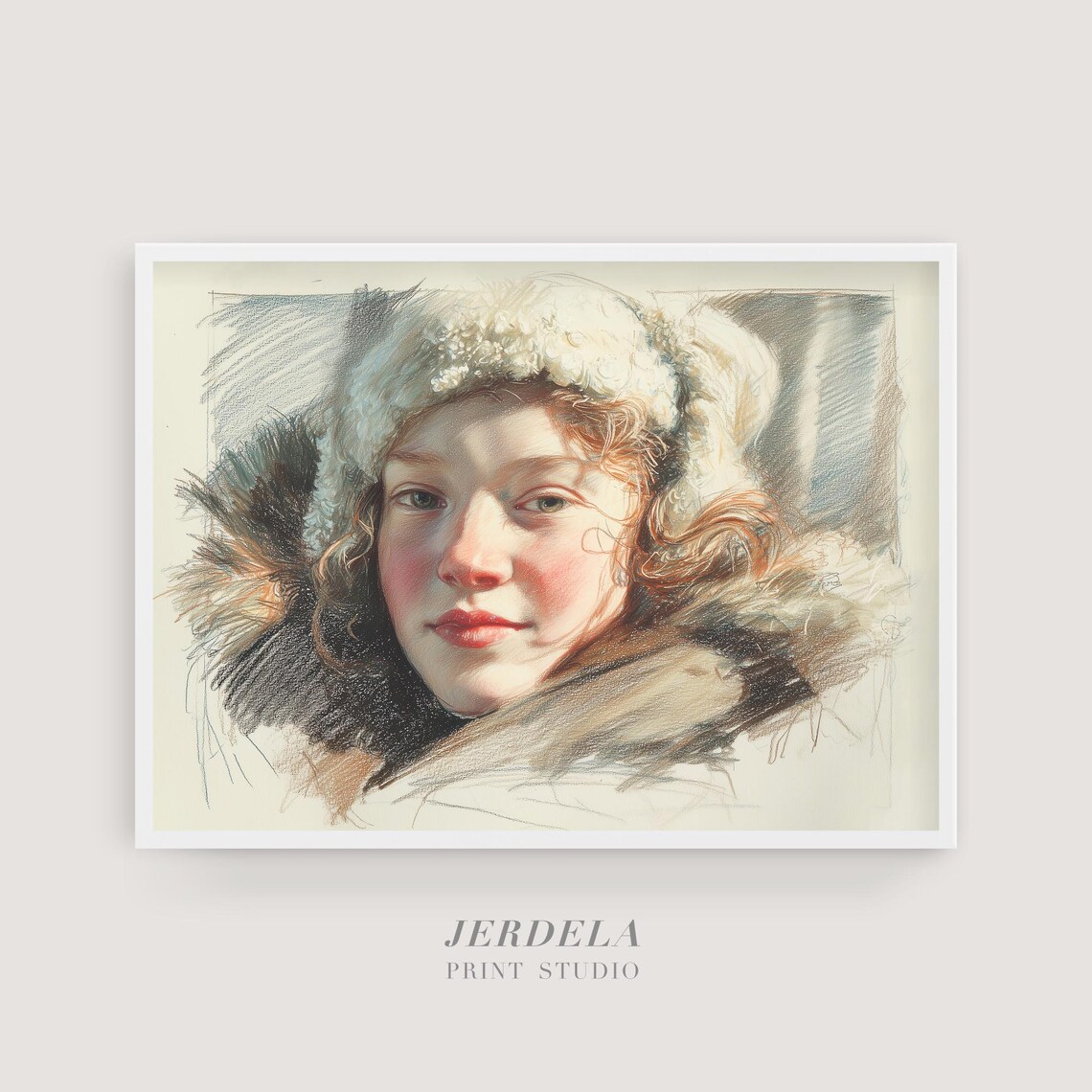 Winter Girl In White Fur Hood Colored Pencil Portrait Art Poster