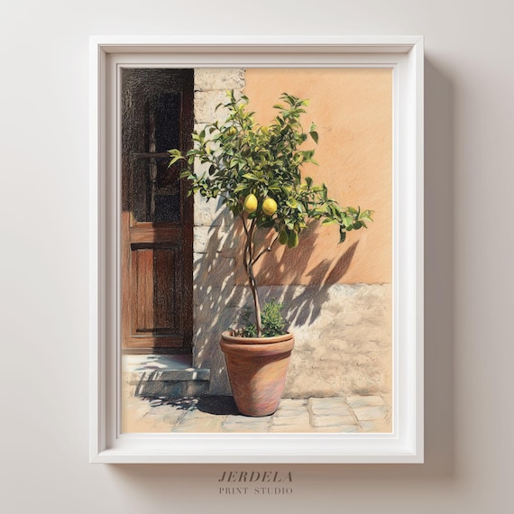 Potted Lemon Tree Colored Pencil Sketch Print Mediterranean Doorway Scene Art