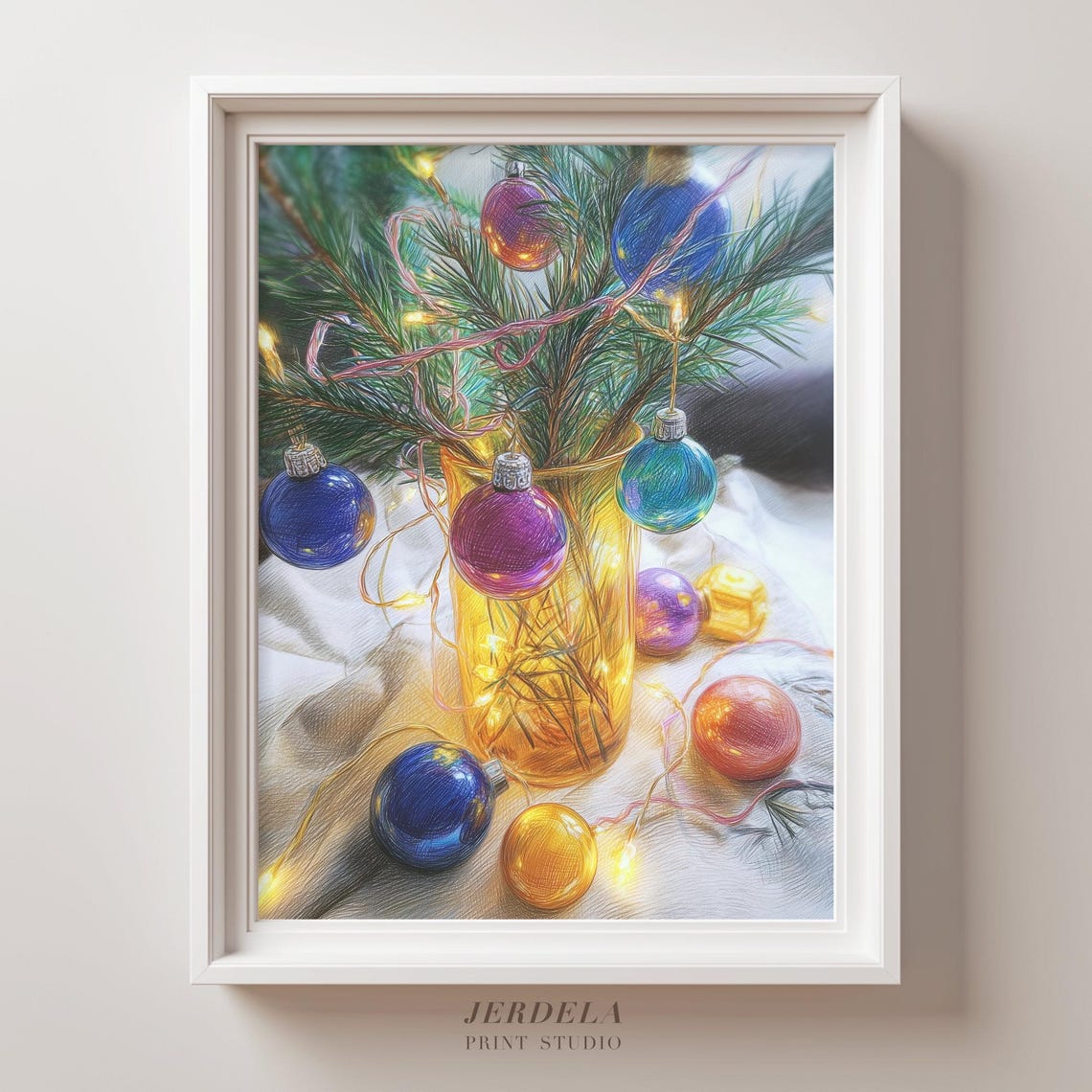 Christmas Baubles Pine Branches Colored Pencil Sketch Holiday Print