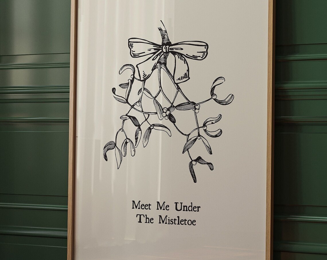 Meet Me Under The Mistletoe Vintage Bow Botanical Christmas Poster